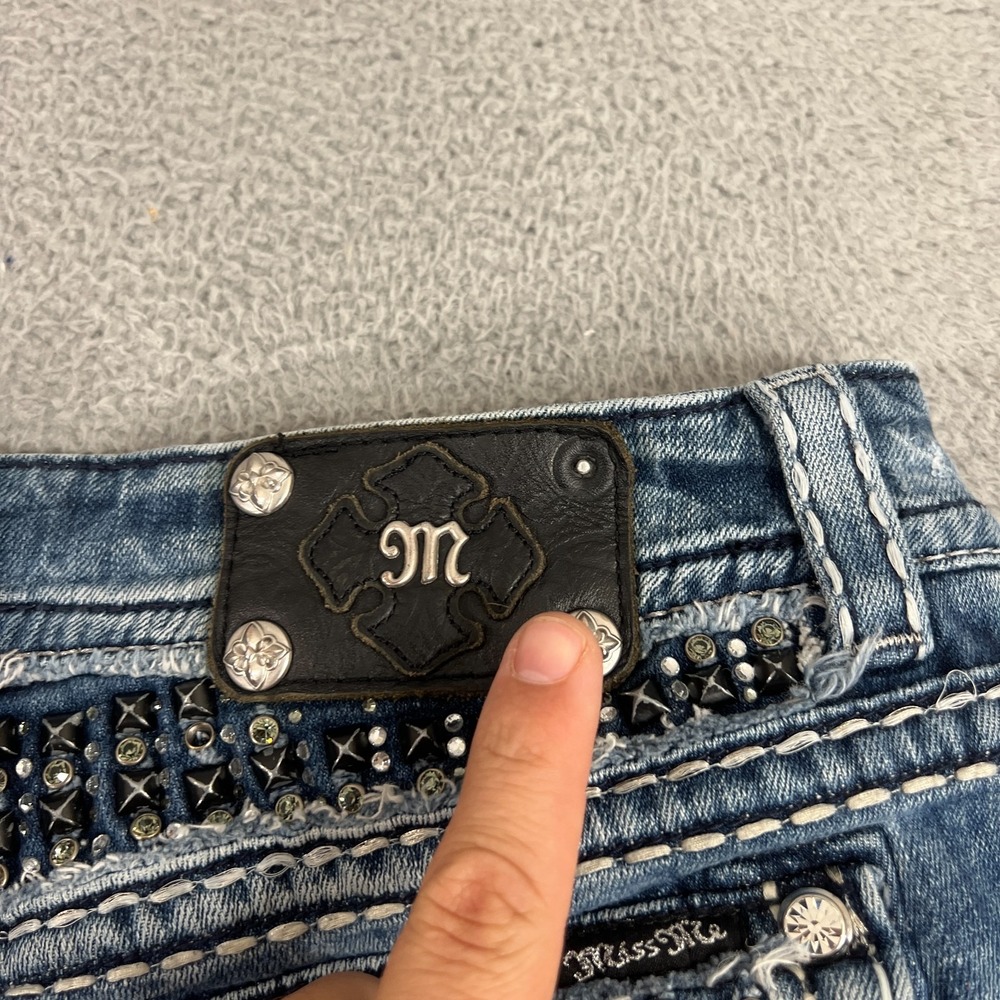 Miss Me Jeans Womens 31 Easy Boot Mid Rise Embellished Rhinestone Blue Denim - Picture 13 of 14